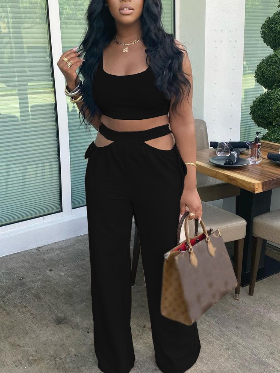

Lovely Casual U Neck Hollow-out Black Two Piece Pants Set
