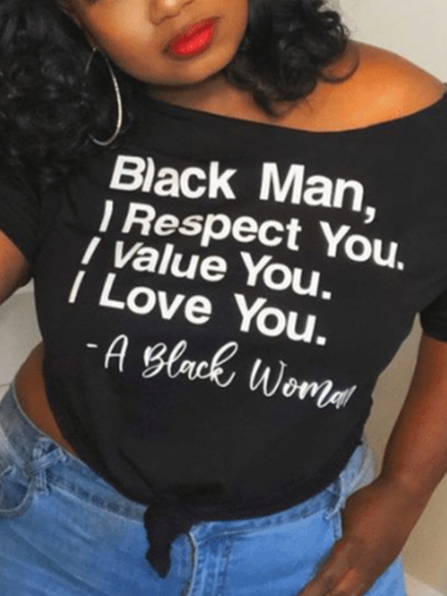 

Lovely Street O Neck Letter Print Black T-shirt