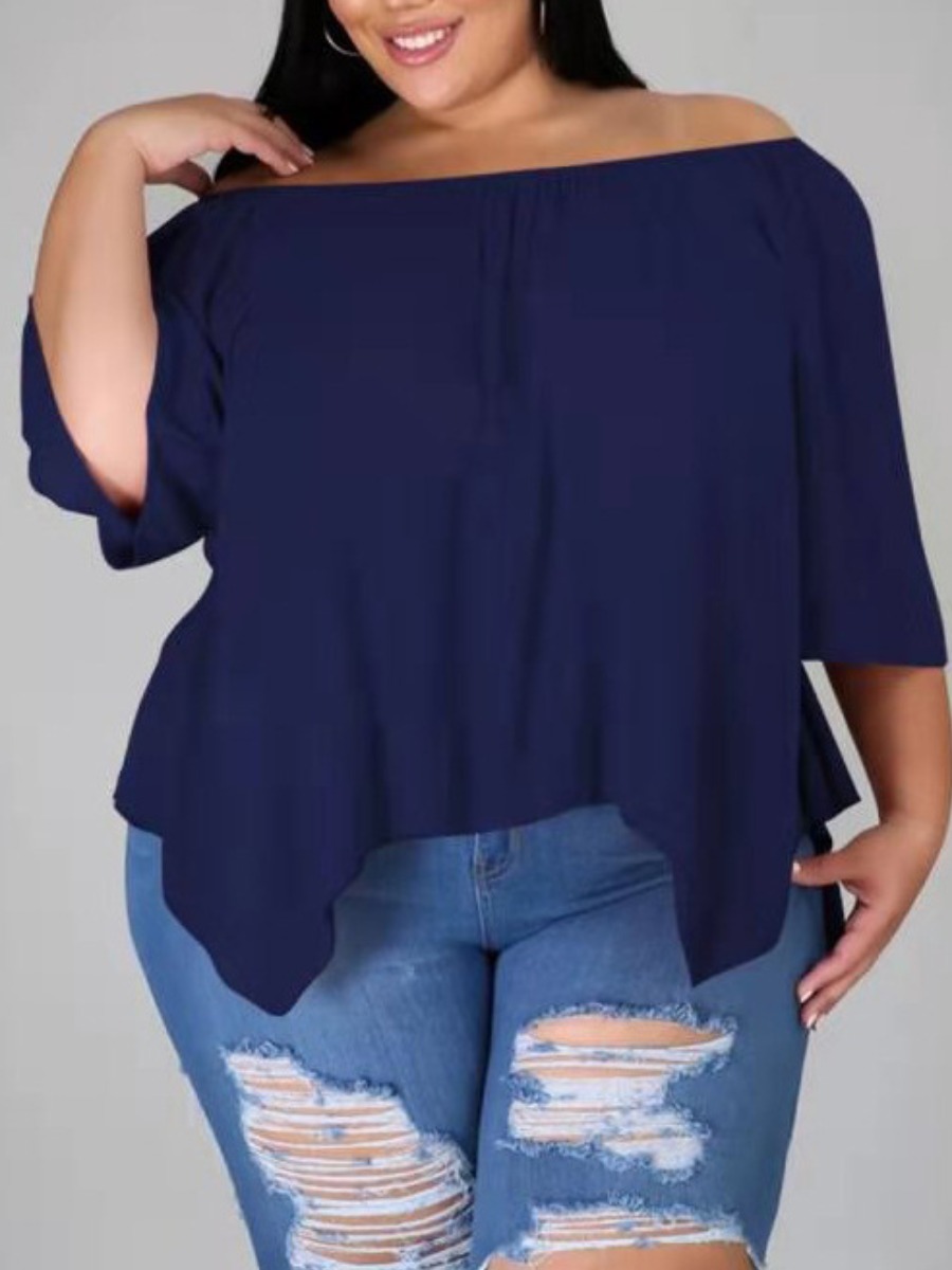 

Lovely Plus Size Casual Off The Shoulder Asymmetrical Dark Blue T-shirt