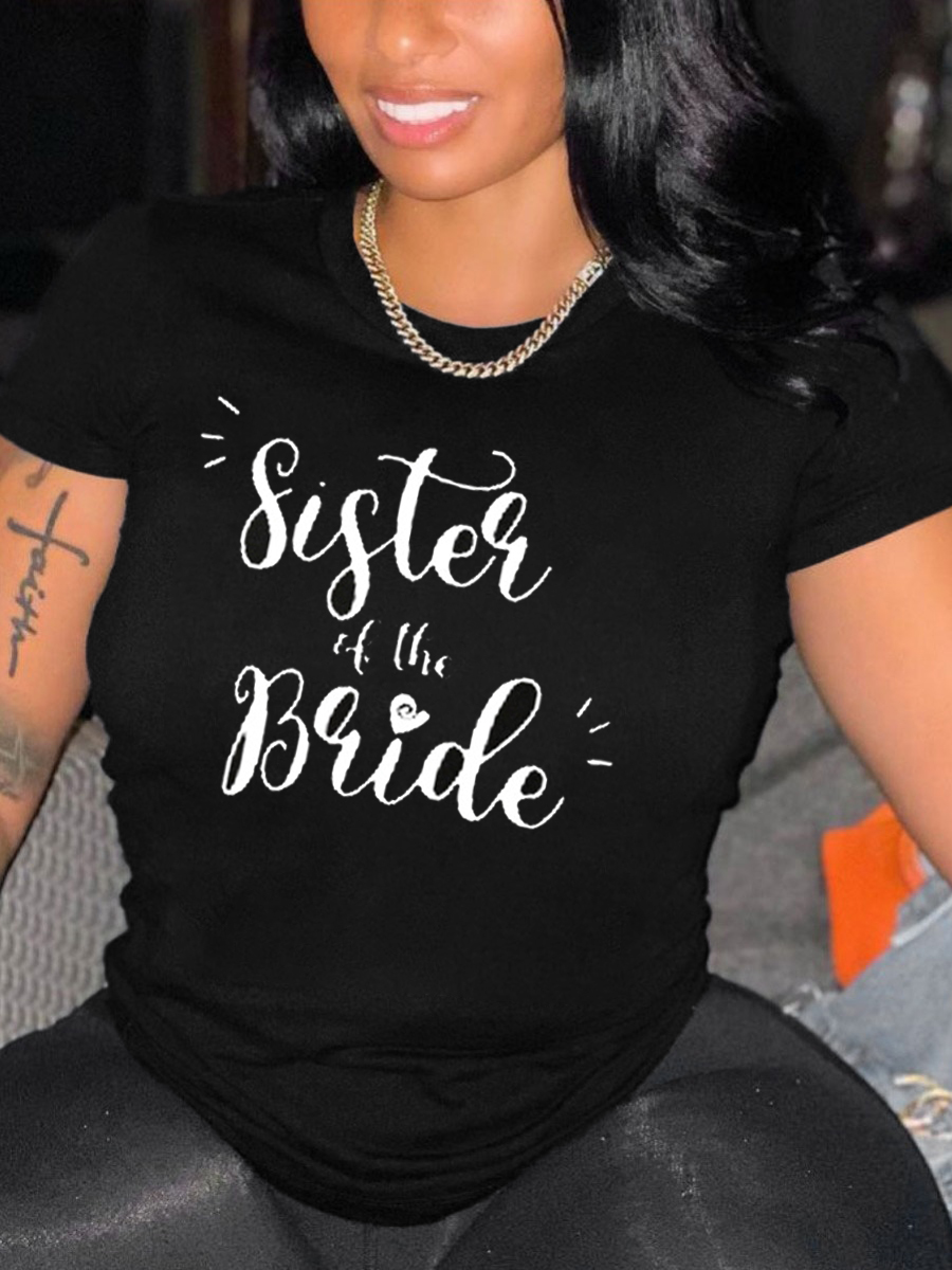 

Lovely Plus Size Casual O Neck Letter Print Black T-shirt