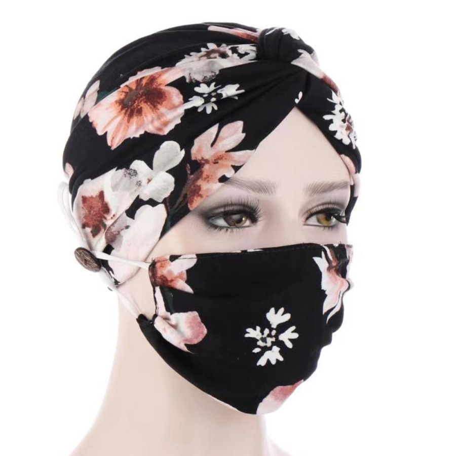 

LW Boho Floral Print Black Face Mask(With Head Hat)