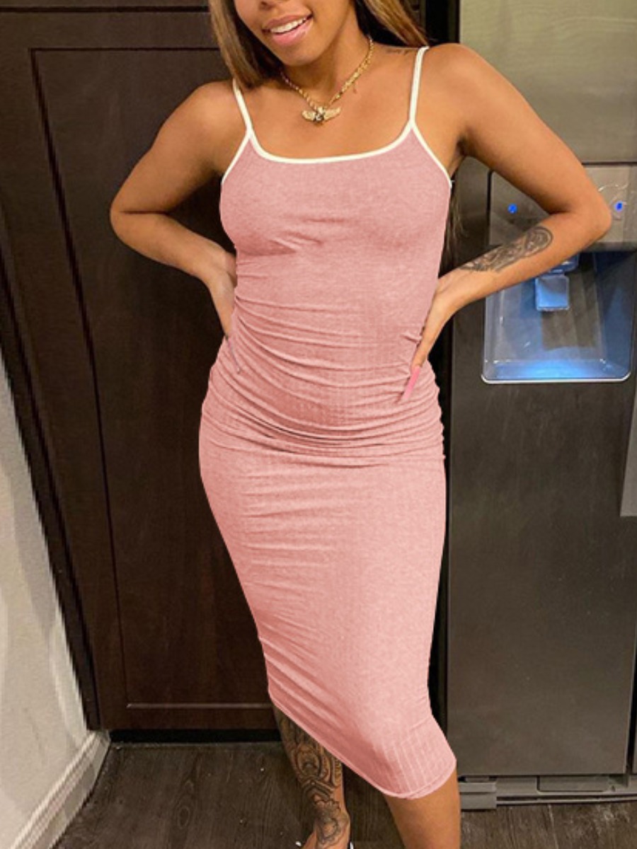 

LW Sporty Rib-Knit Basic Skinny Pink Mid Calf Dress