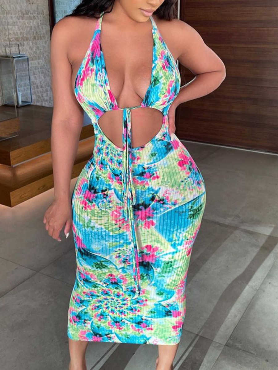 

LW Street Backless Tie-dye Blue Mid Calf Dress