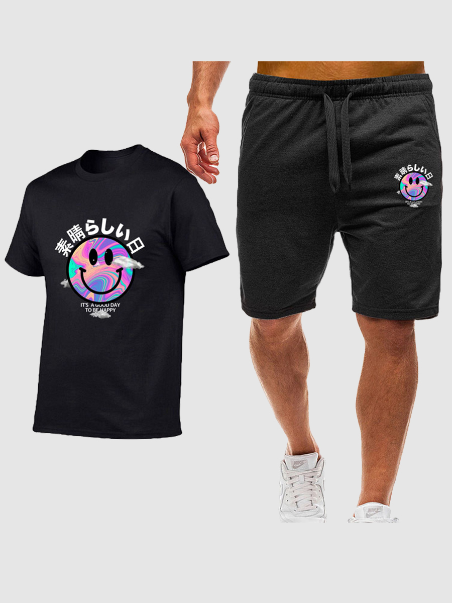 

Lovely Men Casual Letter Print Drawstring Black Two Piece Shorts Set