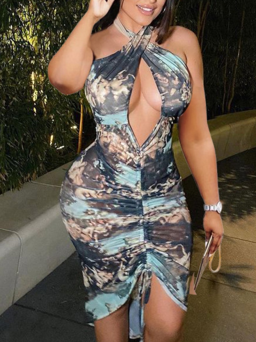 

Lovely Casual Print Hollow-out Drawstring Black Knee Length Dress