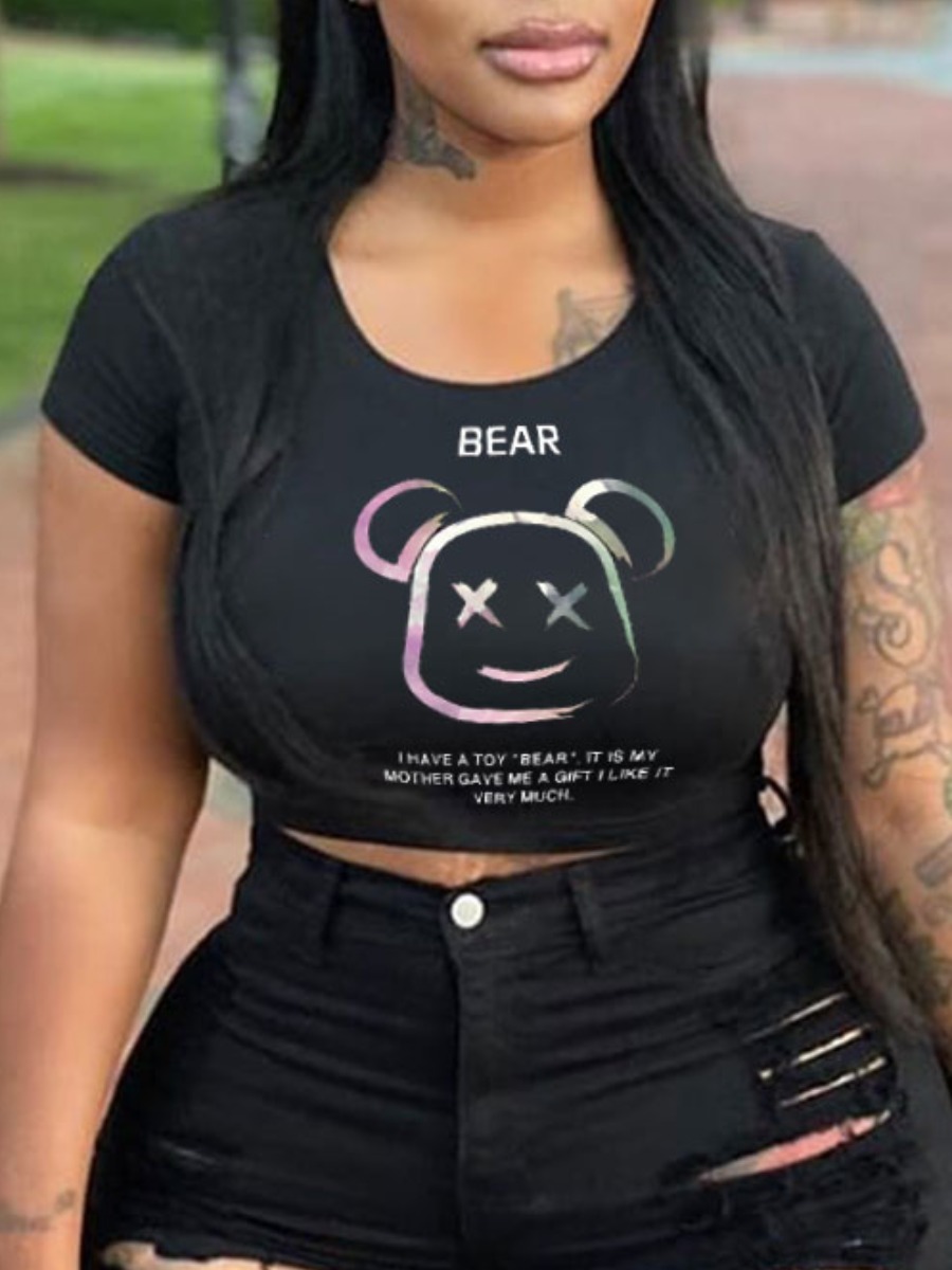 

Lovely Casual Cartoon Letter Print Black T-shirt