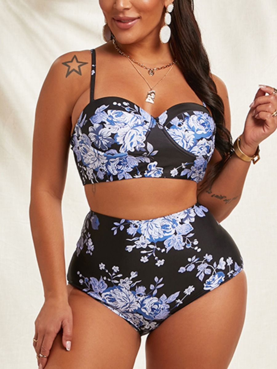 

Lovely Boho Floral Print High-waisted Black Two-piece Swimsuit