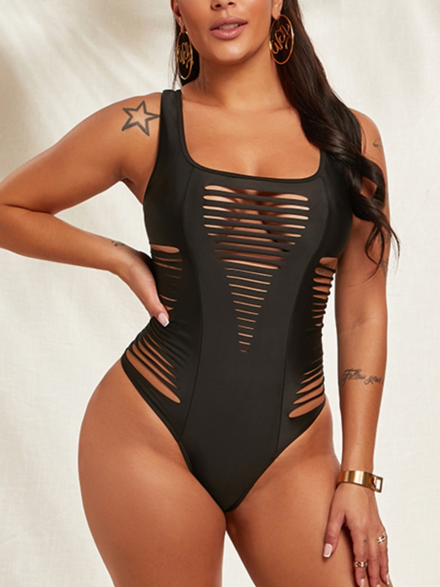 

Lovely Boho U Neck Hollow-out Black One-piece Swimsuit