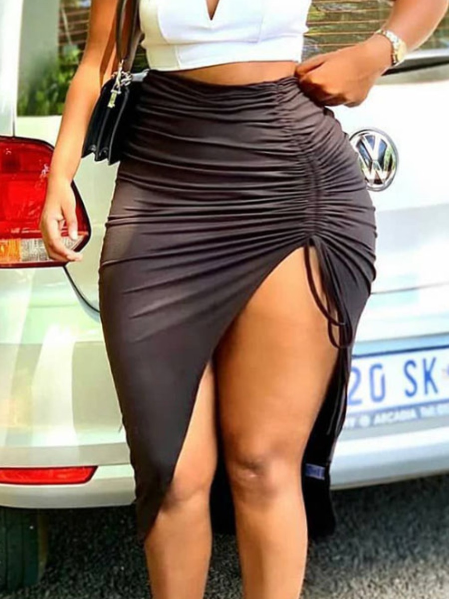 

Lovely Plus Size Sexy Ruched Drawstring Black Skirt