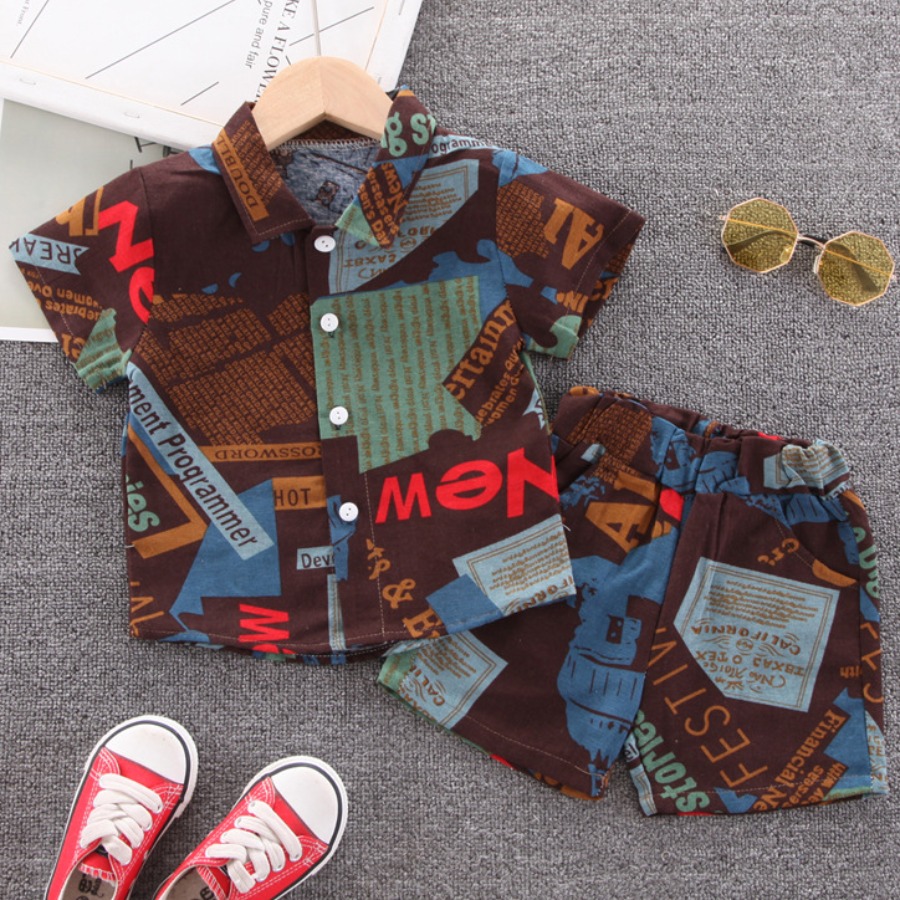 

Lovely Street Letter Print Patchwork Dark Coffee Two Piece Shorts Set