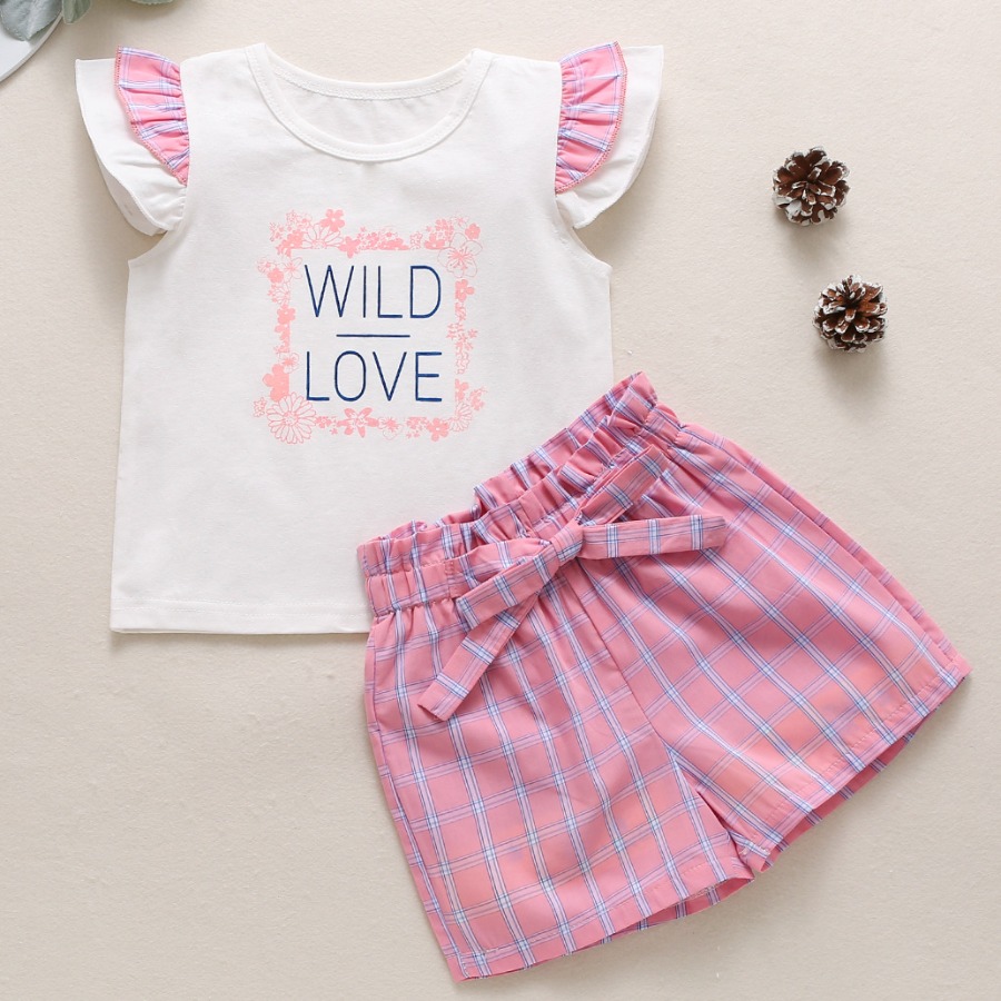 

Lovely Girl Casual Plaid Print Bandage Design Pink Two Piece Shorts Set