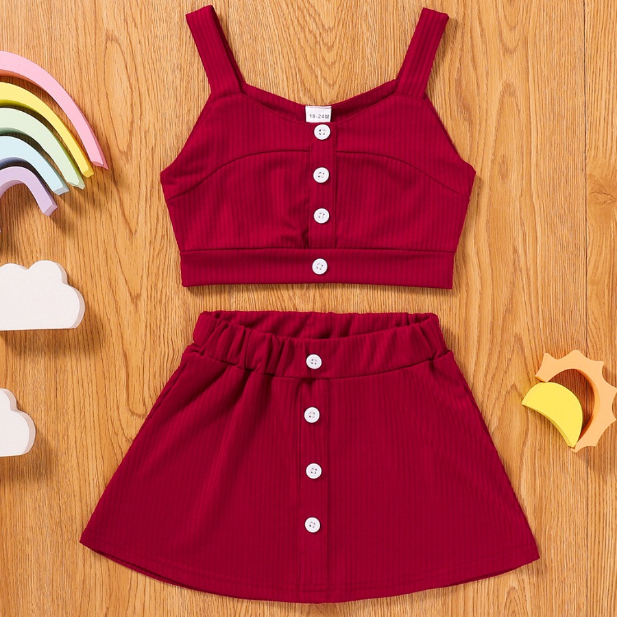 

Lovely Girl Casual Rib-Knit Button Design Wine Red Two Piece Skirt Set