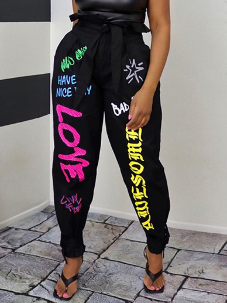 

Lovely Street Letter Print Bandage Design Black Pants