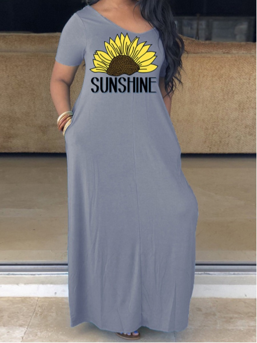 

Lovely Plus Size Casual V Neck Floral Letter Print Grey Maxi Dress