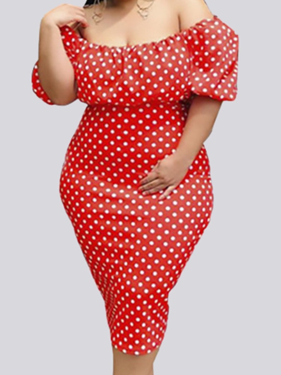 

Lovely Plus Size Elegant Off The Shoulder Dot Print Red Knee Length Dress