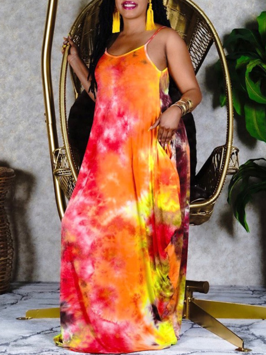 

Lovely Plus Size Casual Tie-dye Fold Design Orange Trailing Dress