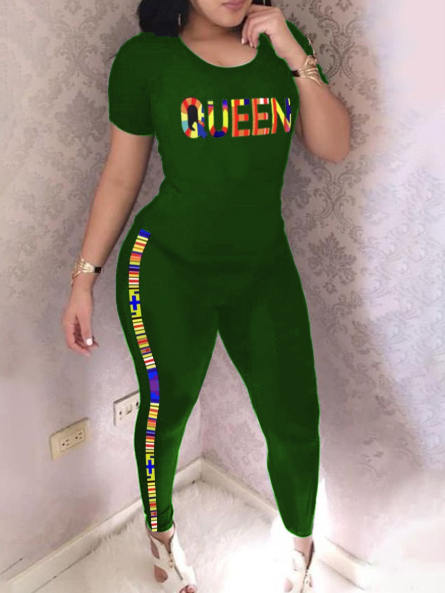 

Lovely Plus Size Sporty Letter Print Striped Green Two-piece Pants Set