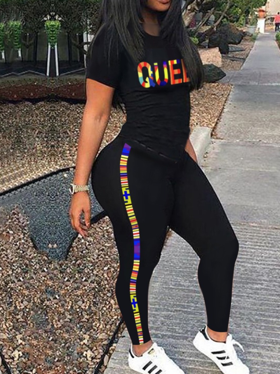 

Lovely Plus Size Sporty Letter Print Striped Black Two-piece Pants Set