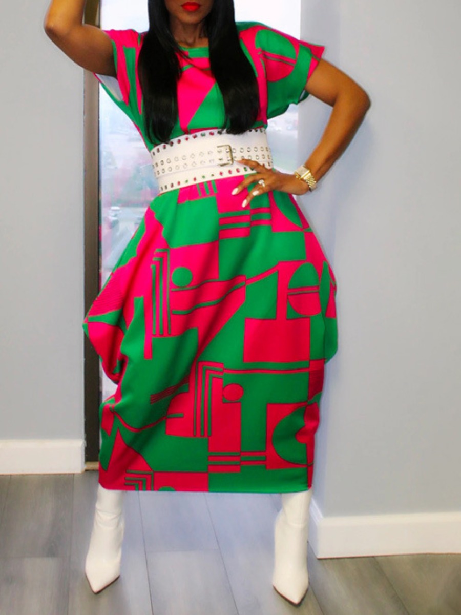 

Lovely Plus Size Street Geometric Print Patchwork Green Mid Calf Dress(Without Belt)