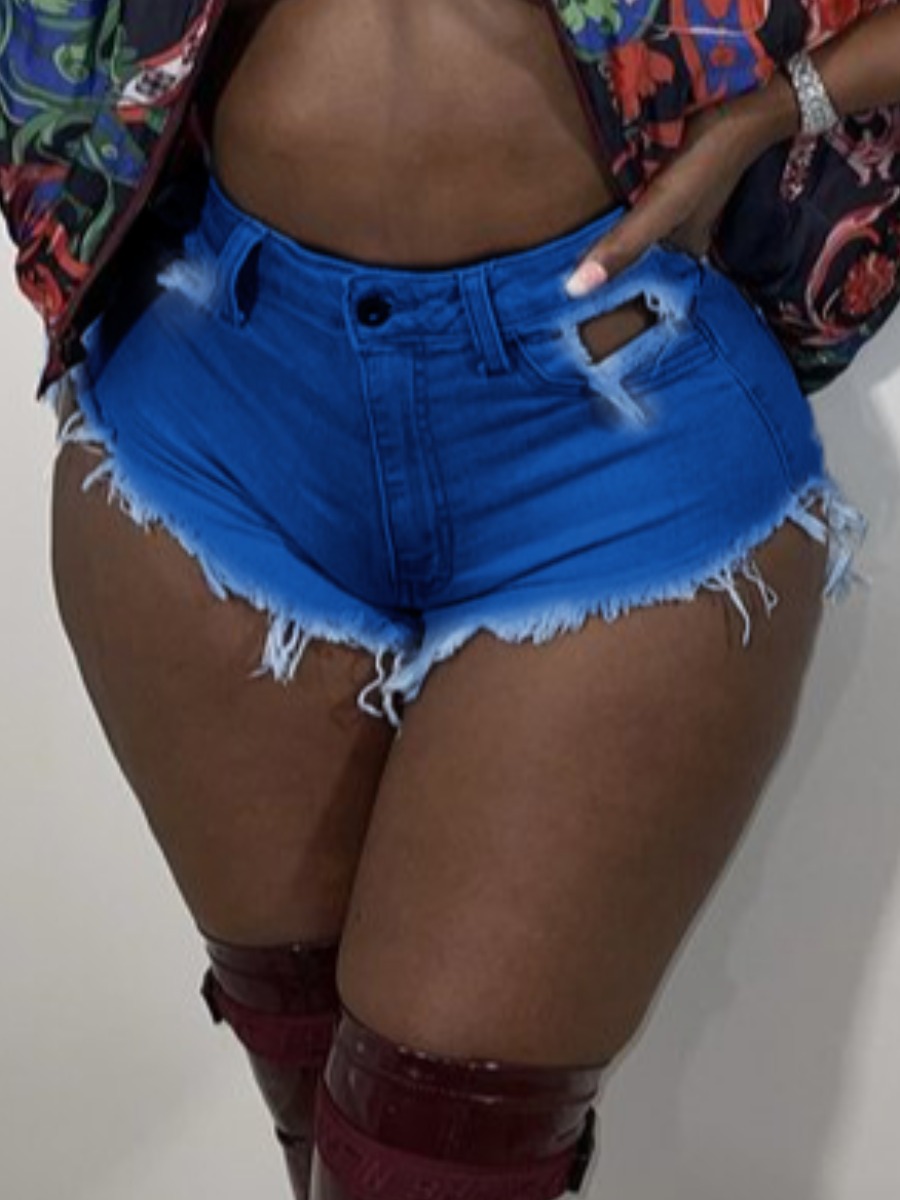 

LW Casual High-waisted Raw Edge Deep Blue Denim Shorts