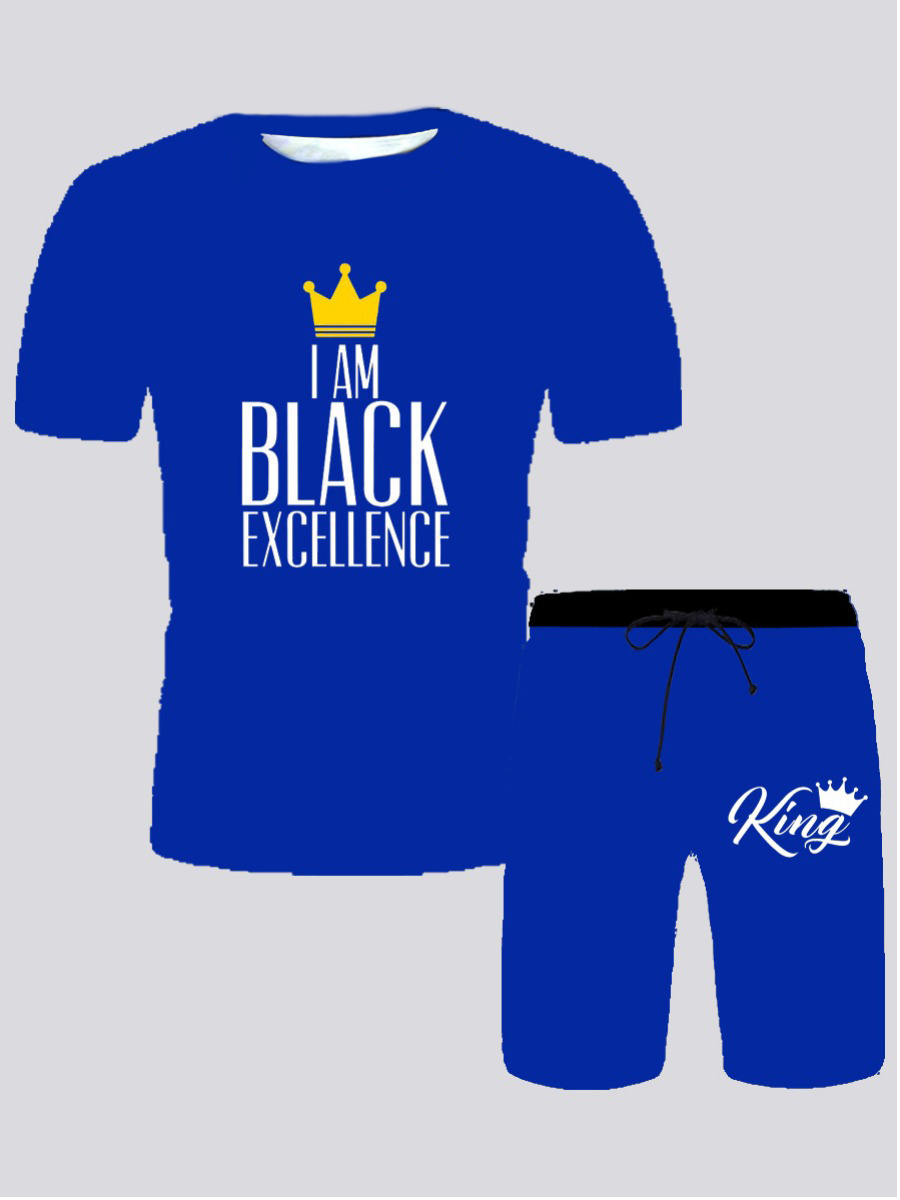 

Lovely Men Casual Crown Letter Print Blue Two Piece Shorts Set