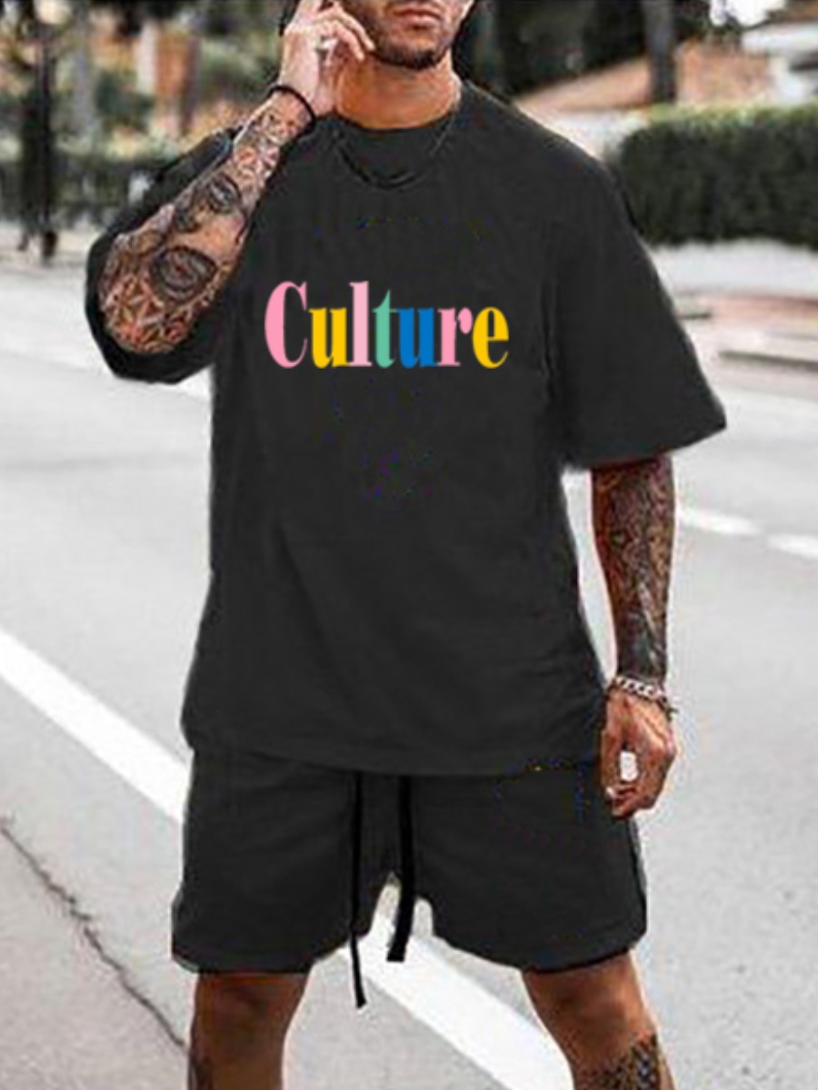 

Lovely Men Casual Letter Print Drawstring Black Two Piece Shorts Set
