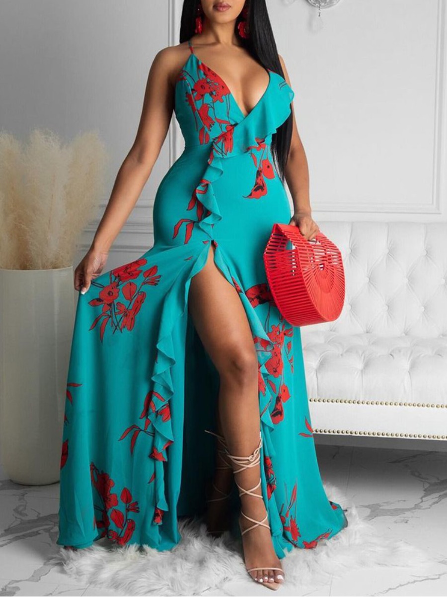 

Lovely Boho Floral Print Backless Flounce Design Blue Floor Length Dress