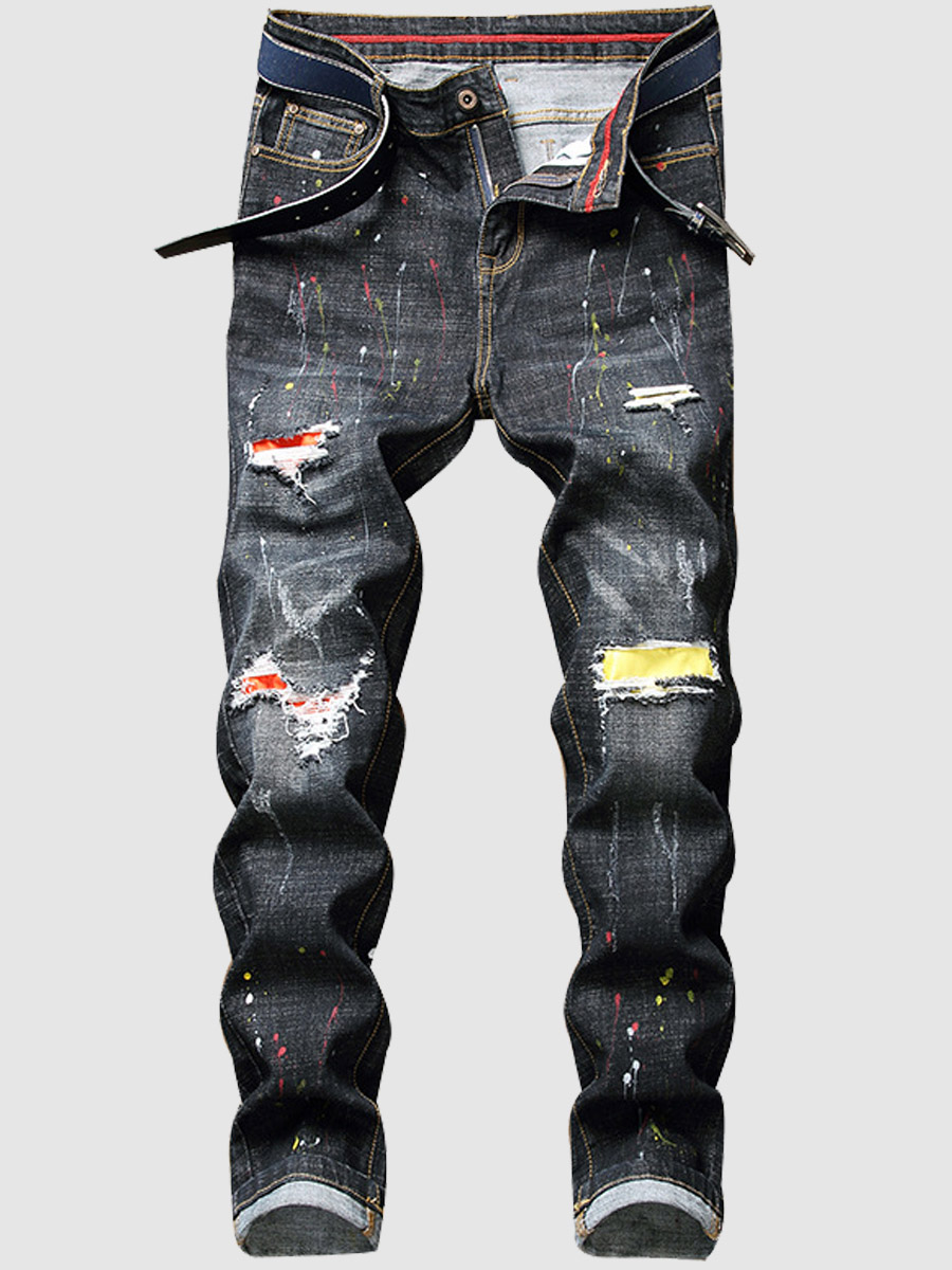 

Lovely Men Street Splash Ink Print Ripped Black Jeans