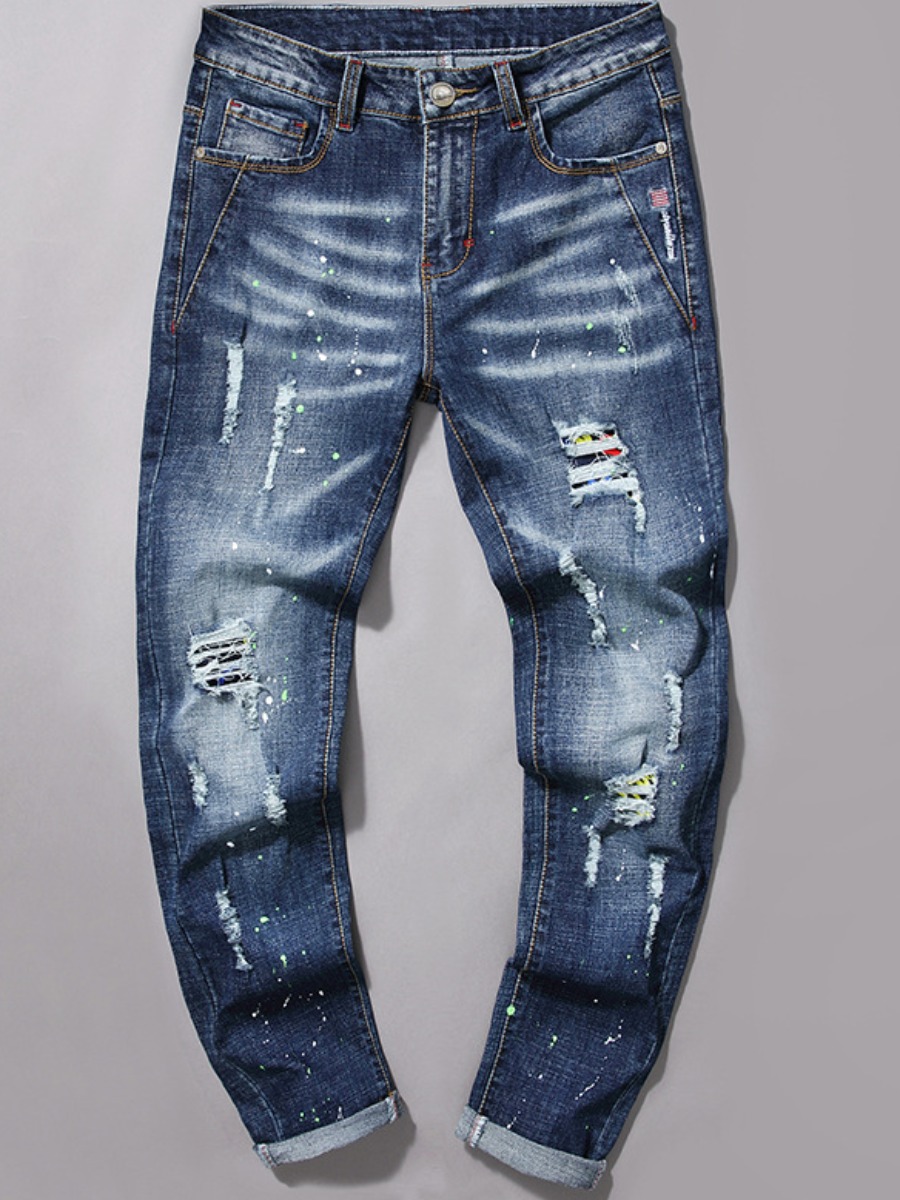

Lovely Men Street Splash Ink Print Ripped Deep Blue Jeans