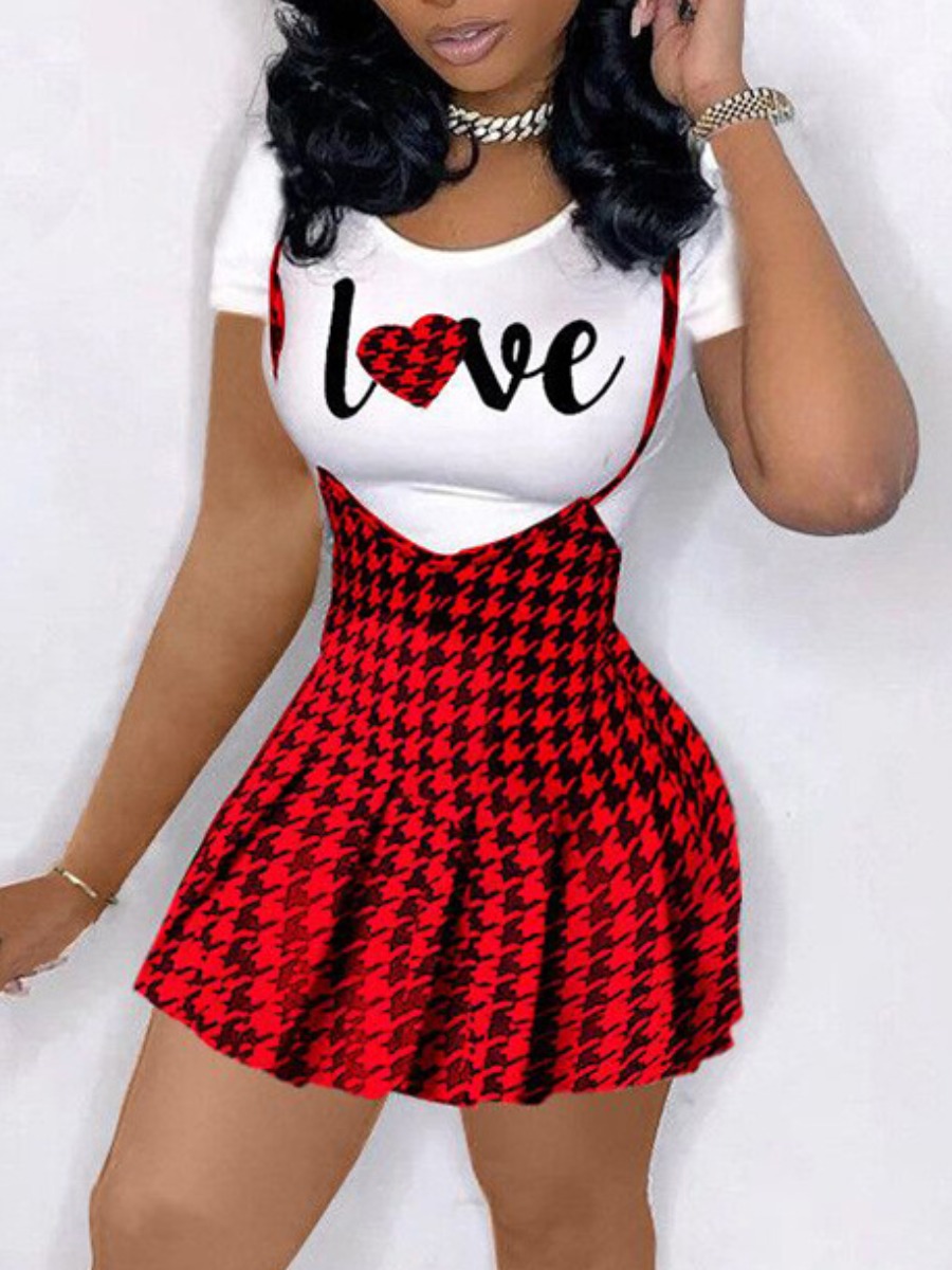 

Lovely Sweet Letter Plaid Print Overall Red Two Piece Skirt Set