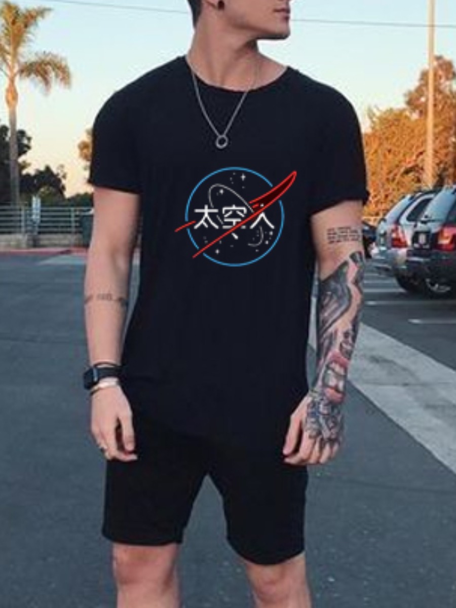 

Lovely Men Casual Letter Print Drawstring Black Two Piece Shorts Set
