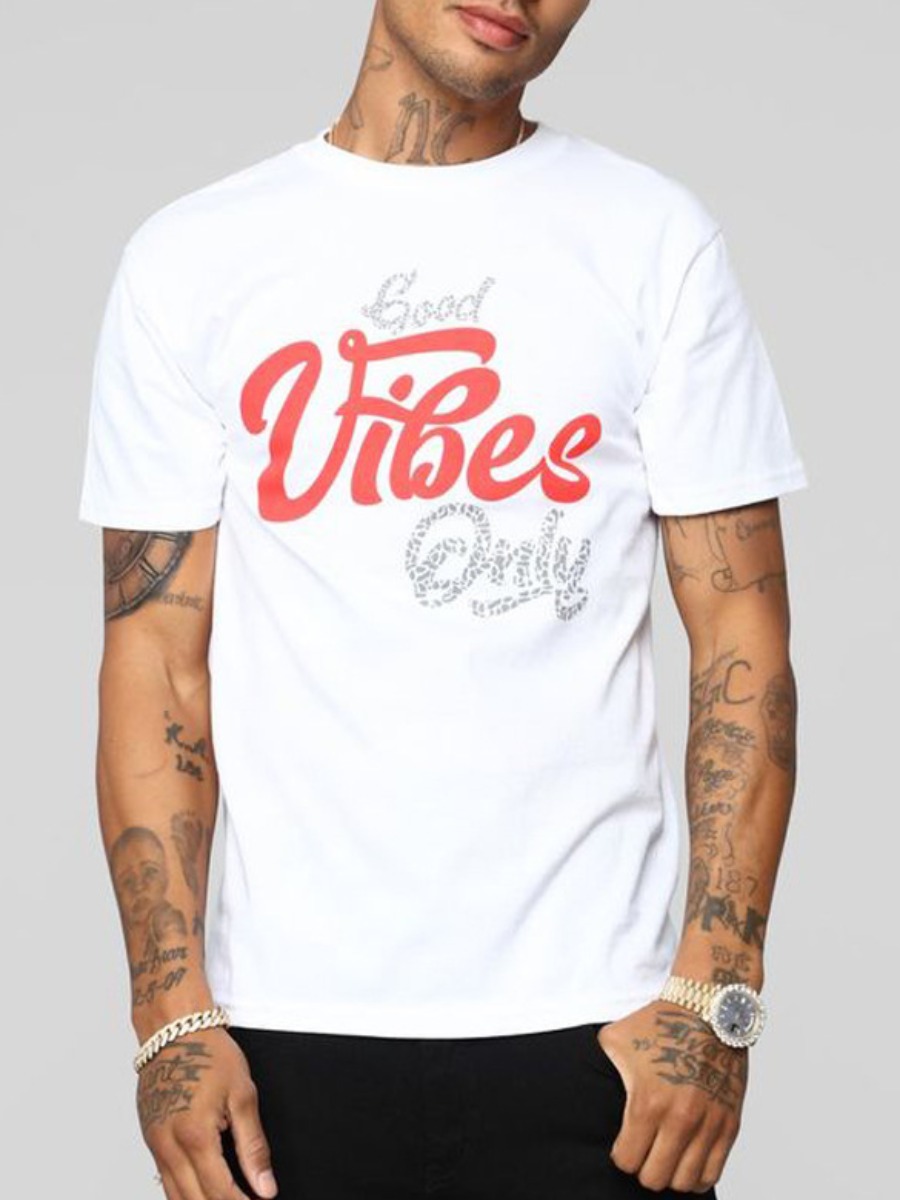 

LW Men Casual O Neck Letter Print White T-shirt