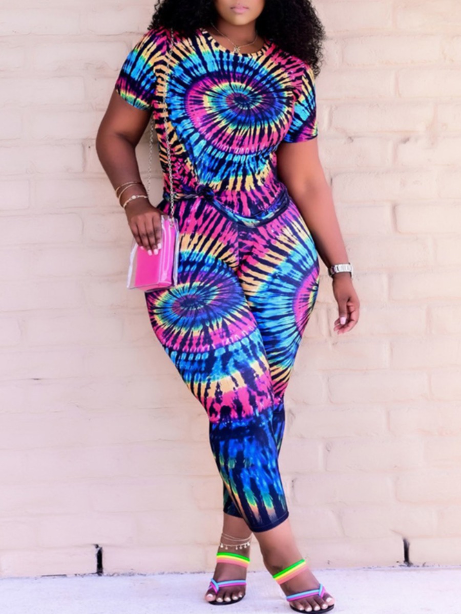 

Lovely Plus Size Casual O Neck Tie-dye Multicolor Two-piece Pants Set, Multi