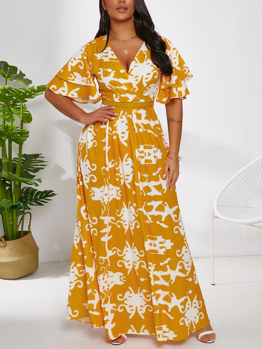 

Lovely Sweet Floral Print Flounce Design Yellow Floor Length Dress