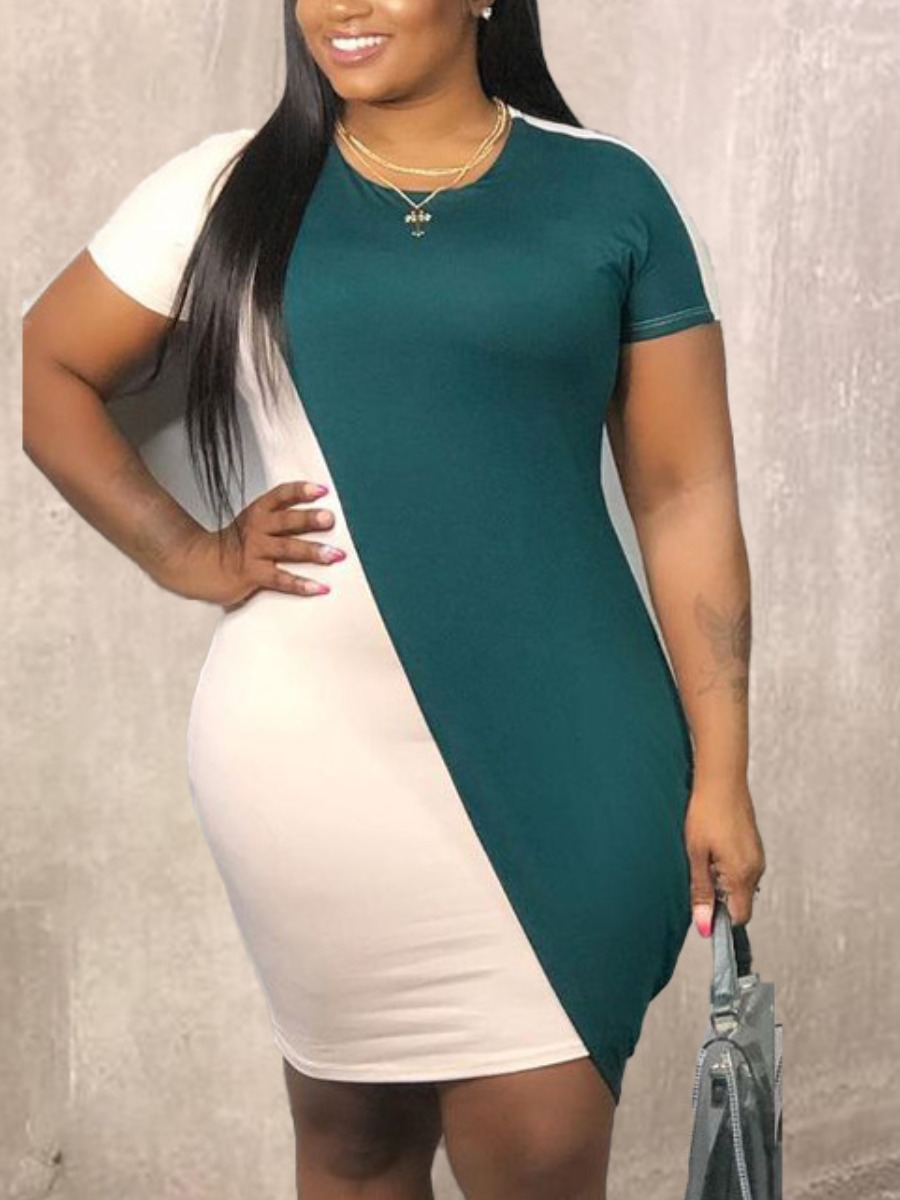

Lovely Plus Size Casual O Neck Color-lump Green Mini Dress