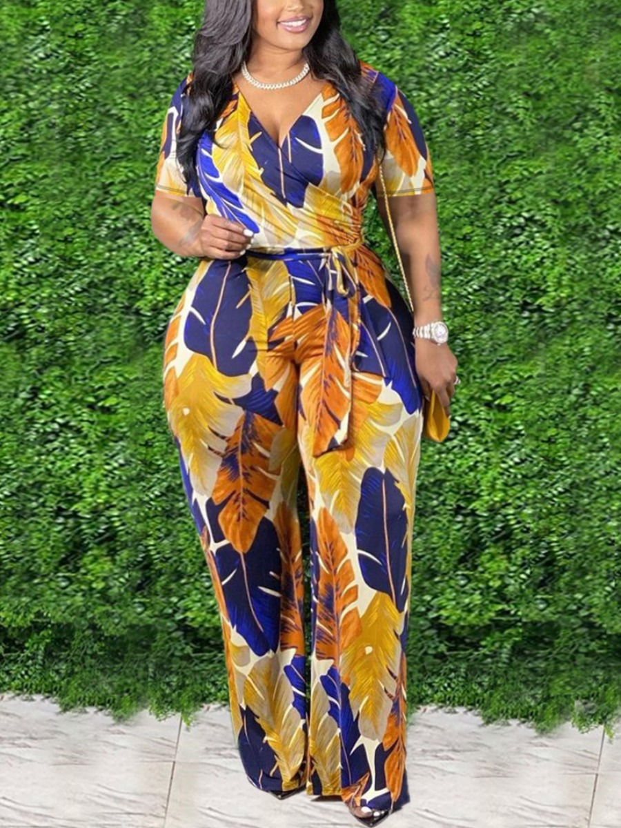 

LW Plus Size Street Floral Print Bandage Design Yellow One-piece Jumpsuit