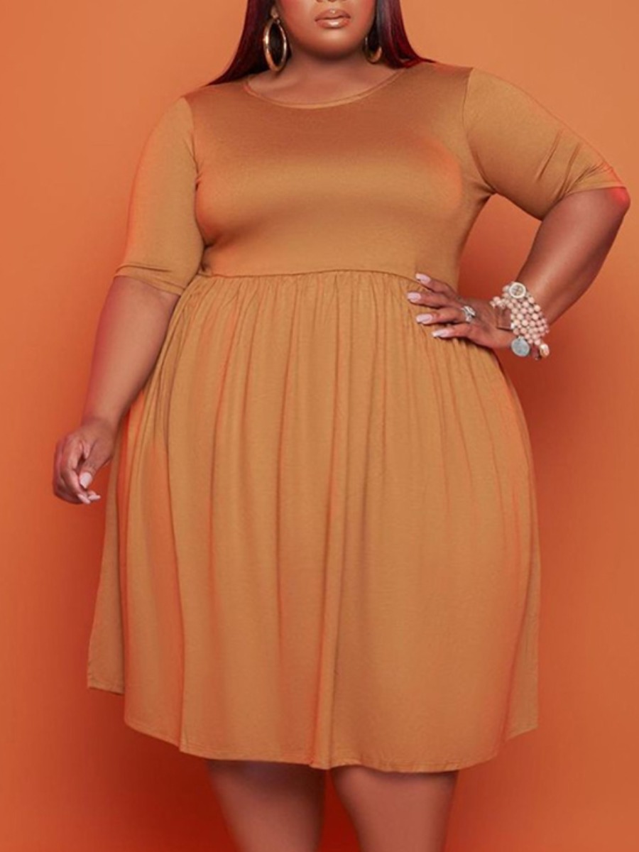 

Lovely Plus Size Casual O Neck Fold Design Yellow Knee Length A Line Dress
