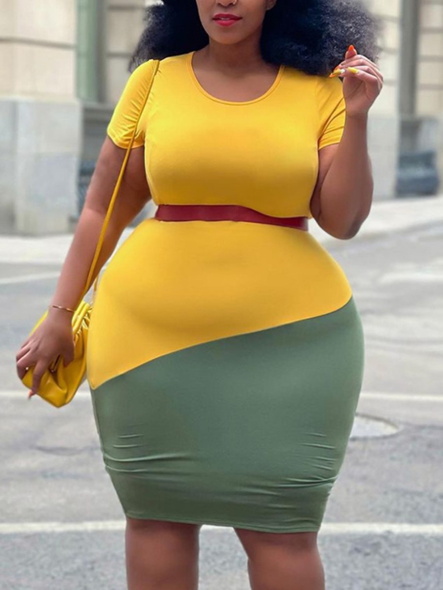 

Lovely Plus Size Casual O Neck Color-lump Yellow Knee Length Dress(Without Belt)