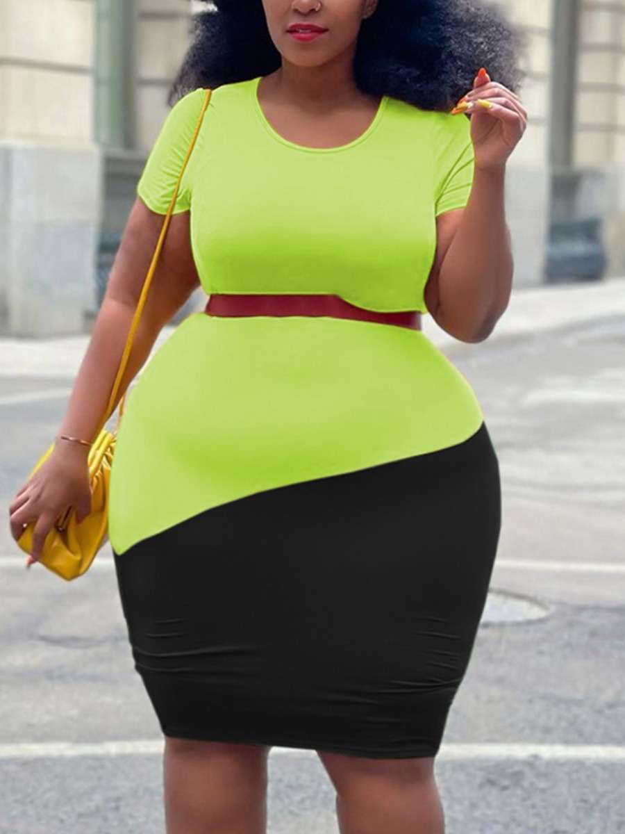 

Lovely Plus Size Casual O Neck Color-lump Green Knee Length Dress(Without Belt)