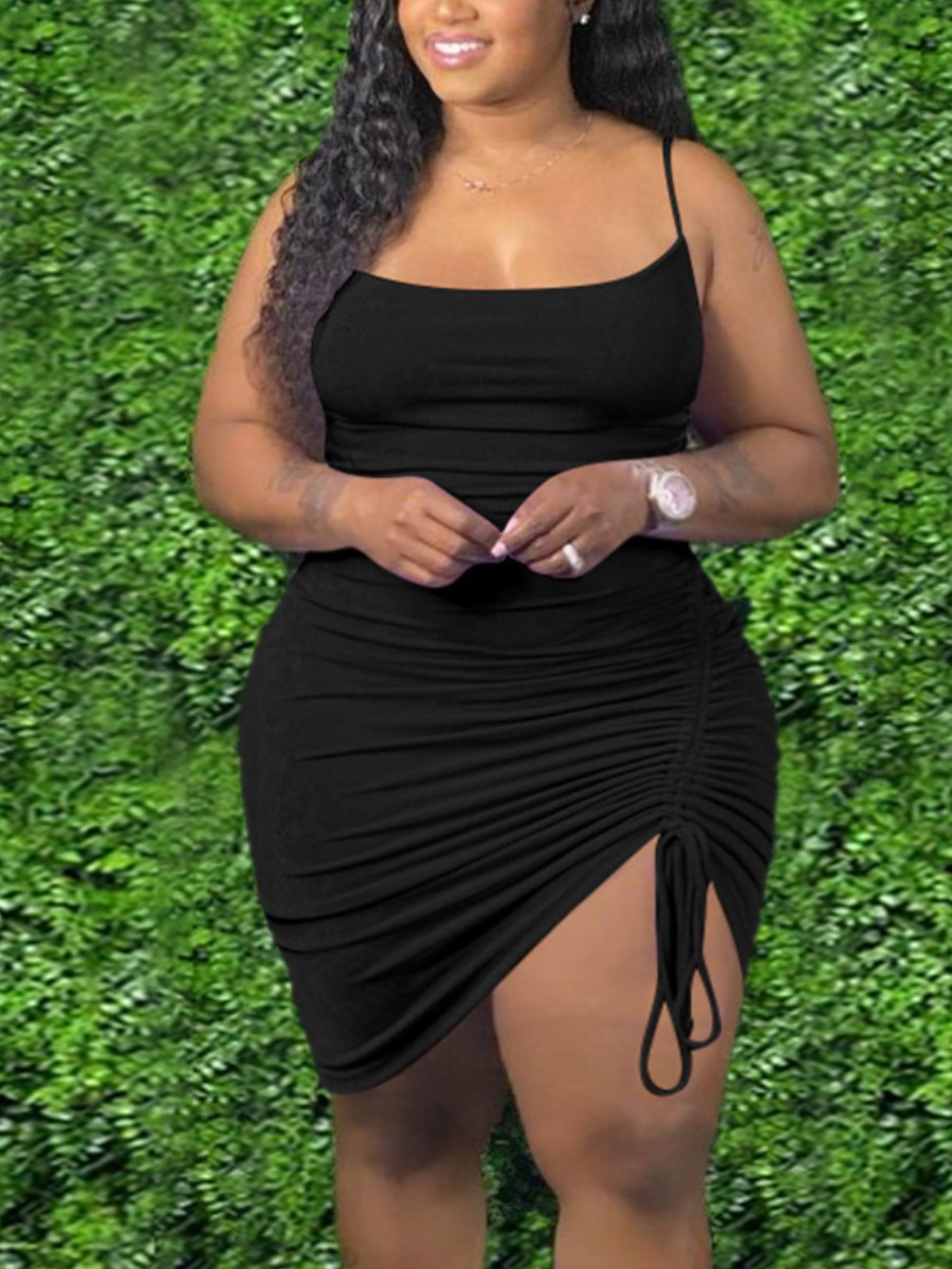 

LW Plus Size Casual Ruched Drawstring Black Knee Length Dress