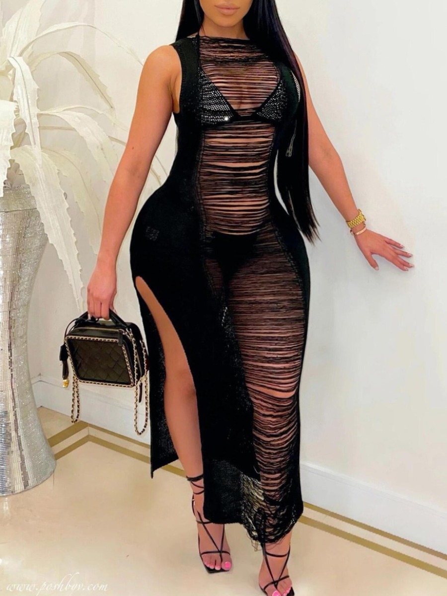

Lovely Plus Size Sexy See-through Split Black Ankle Length Dress
