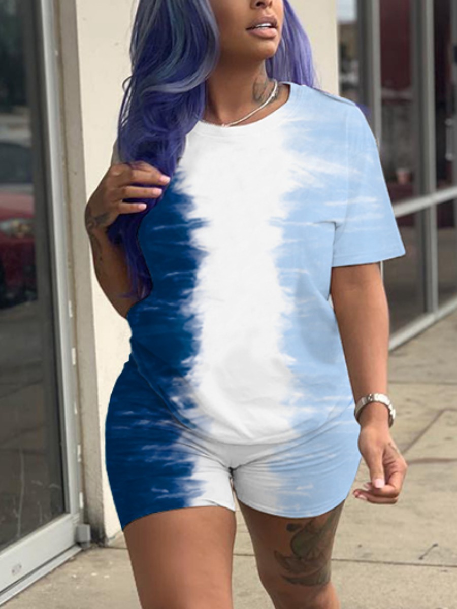 

Lovely Casual O Neck Tie Dye Blue Two Piece Shorts Set