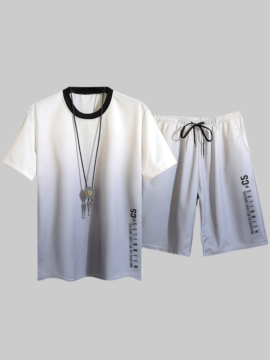

Lovely Men Street Gradient Letter Print Drawstring White Two Piece Shorts Set