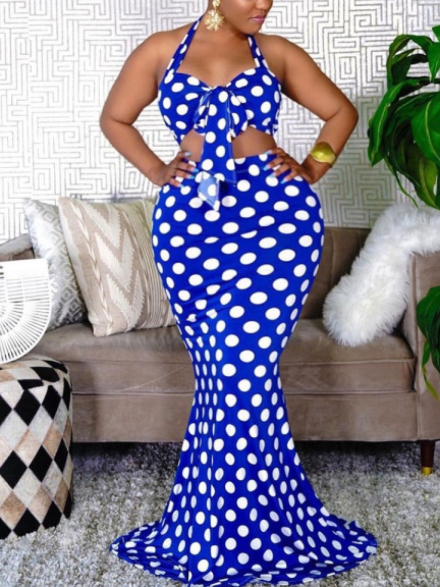 

Lovely Plus Size Boho Dot Print Bandage Design Royalblue Two-piece Skirt Set