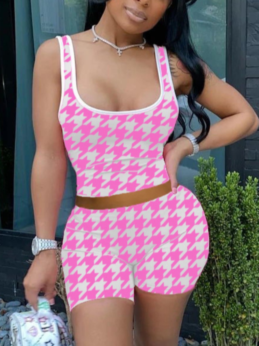 

LW Casual U Neck Plaid Print Pink Two Piece Shorts Set