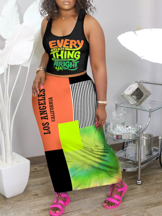 

LW Plus Size Letter Print Tie-dye Skirt Set, Orange