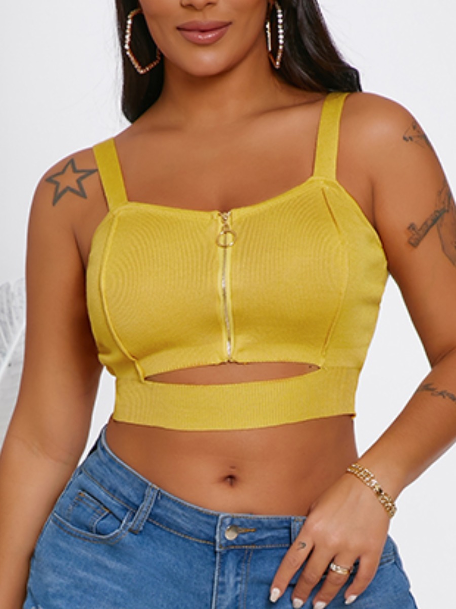 

Lovely Sexy Hollow-out Zipper Design Yellow Camisole