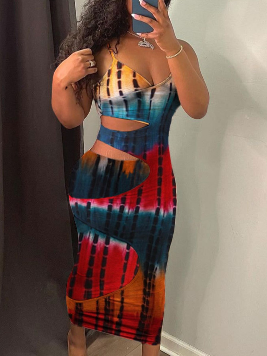 

LW Street Tie-dye Hollow-out Multicolor Ankle Length Dress, Multi