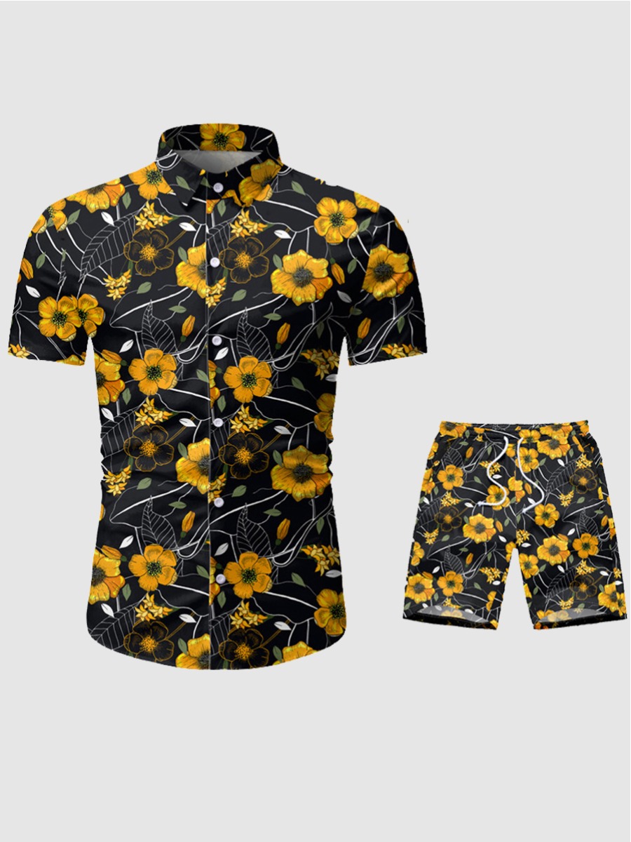 

Lovely Men Boho Floral Print Drawstring Pitch-black Two Piece Shorts Set