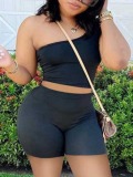 LW One Shoulder Basic Skinny Shorts Set